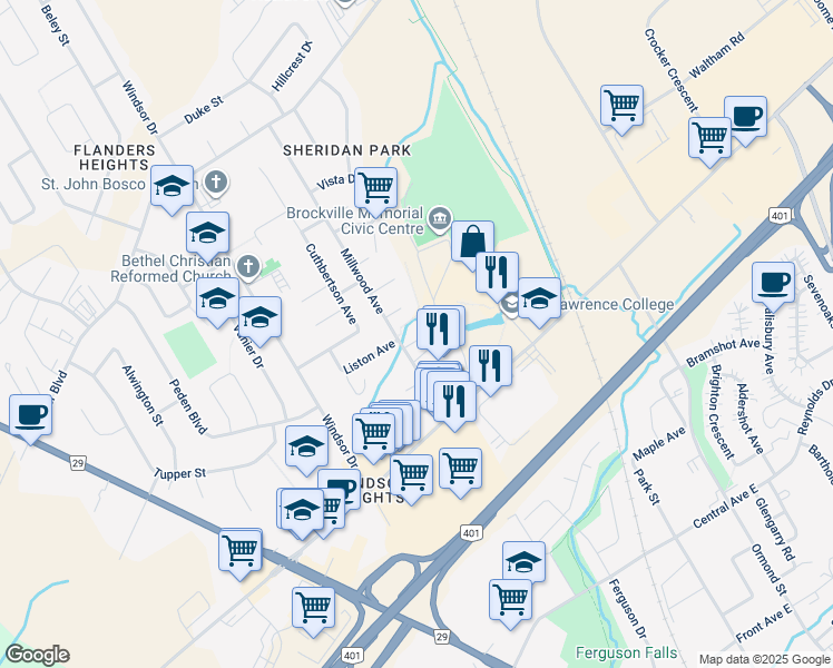 map of restaurants, bars, coffee shops, grocery stores, and more near in Brockville