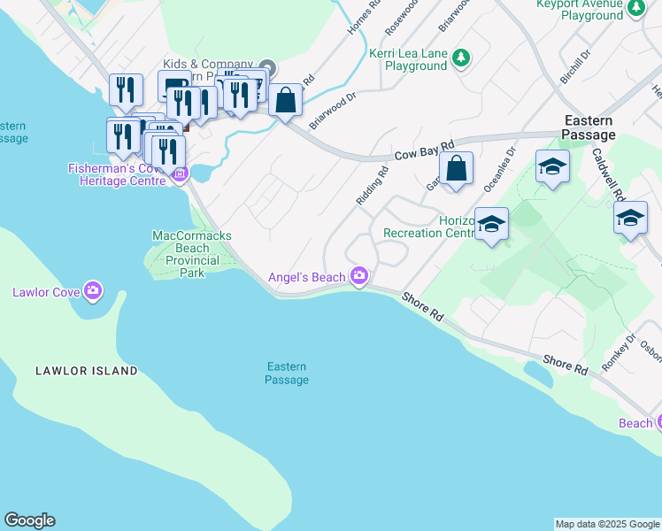 map of restaurants, bars, coffee shops, grocery stores, and more near 162 Ridding Road in Eastern Passage