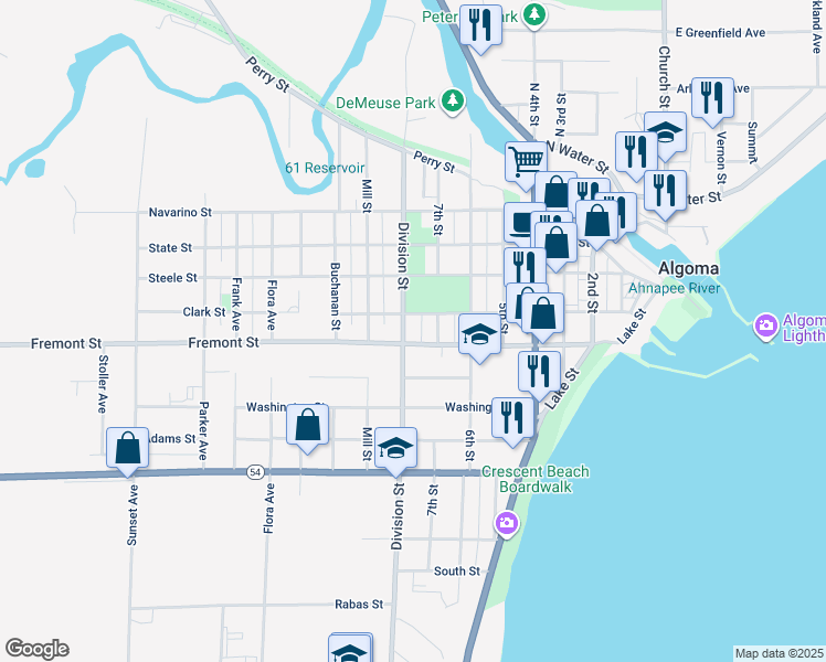 map of restaurants, bars, coffee shops, grocery stores, and more near 803 Fremont Street in Algoma