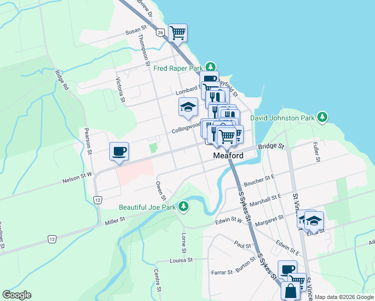 map of restaurants, bars, coffee shops, grocery stores, and more near 87 Nelson Street West in Meaford