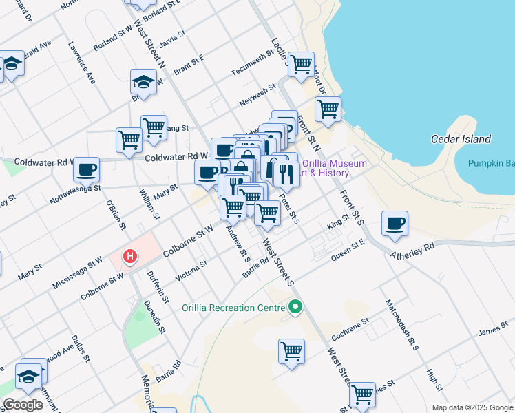 map of restaurants, bars, coffee shops, grocery stores, and more near 62 West Street South in Orillia