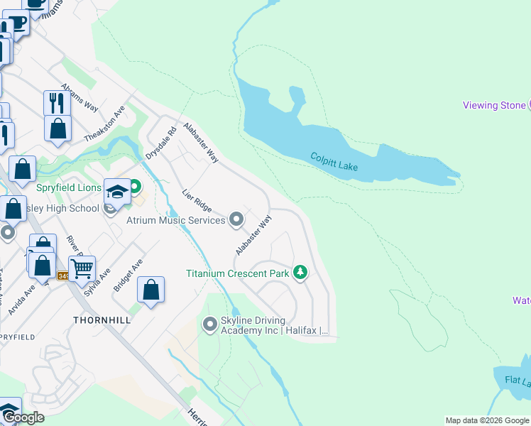 map of restaurants, bars, coffee shops, grocery stores, and more near 211 Alabaster Way in Halifax