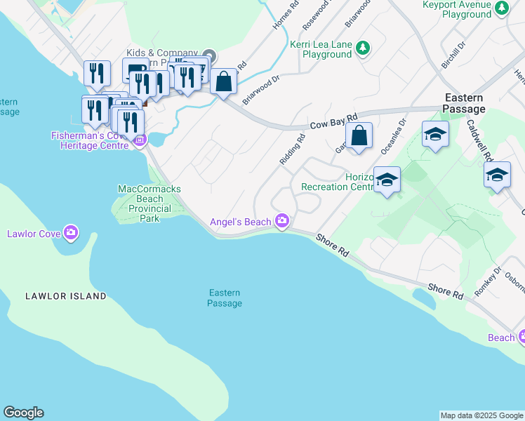 map of restaurants, bars, coffee shops, grocery stores, and more near 162 Ridding Road in Eastern Passage