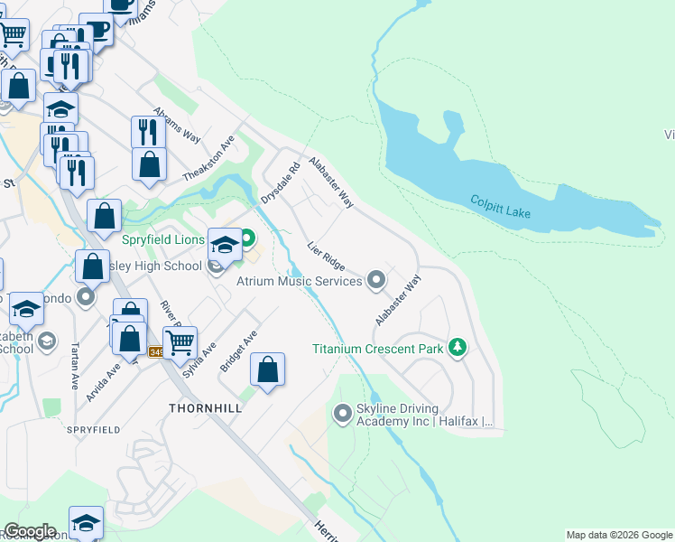 map of restaurants, bars, coffee shops, grocery stores, and more near 115 Lier Ridge in Halifax