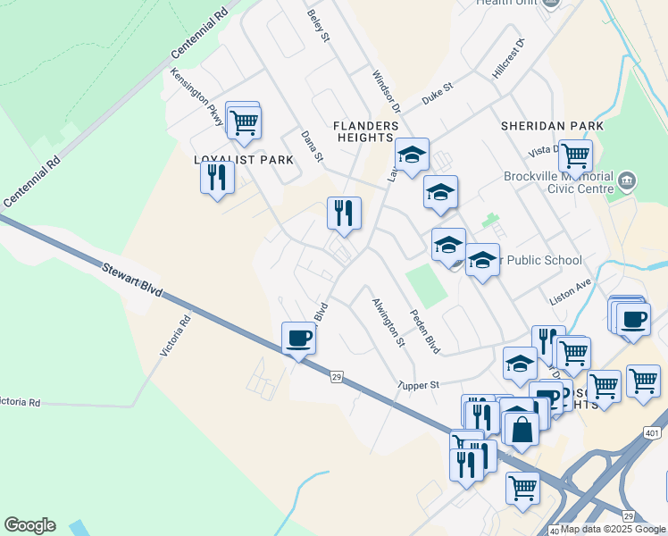 map of restaurants, bars, coffee shops, grocery stores, and more near 780 Laurier Boulevard in Brockville