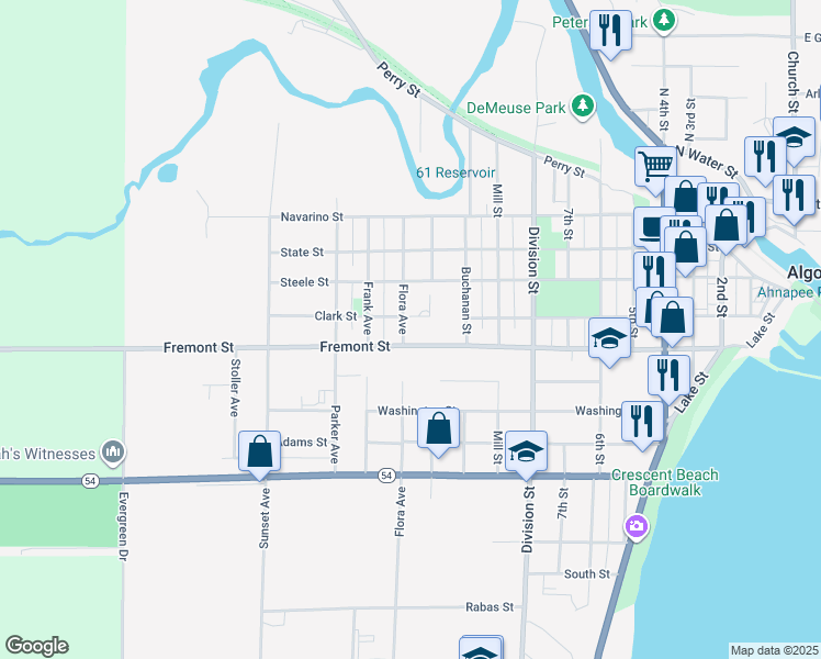 map of restaurants, bars, coffee shops, grocery stores, and more near 1121 Fremont Street in Algoma