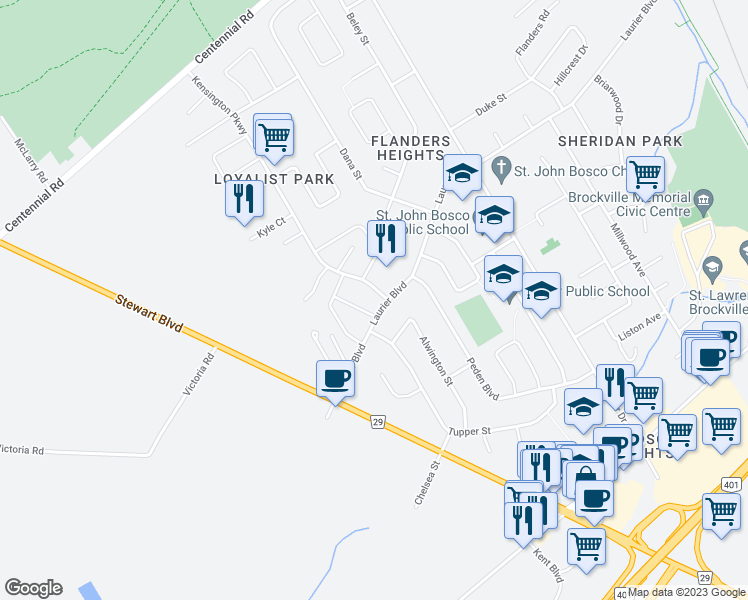 map of restaurants, bars, coffee shops, grocery stores, and more near 800 Laurier Boulevard in Brockville