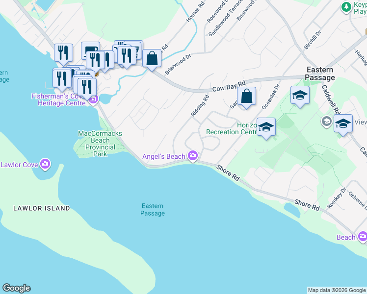 map of restaurants, bars, coffee shops, grocery stores, and more near 40 Wentworth Circle in Eastern Passage