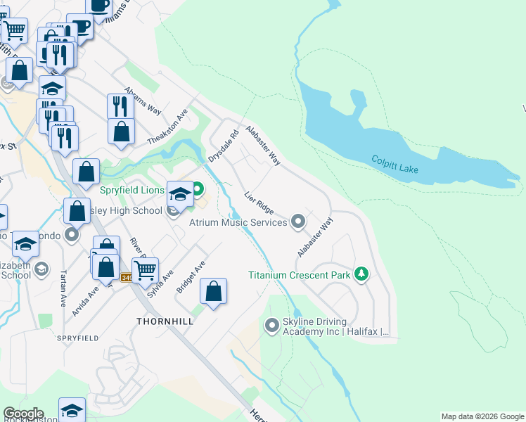 map of restaurants, bars, coffee shops, grocery stores, and more near 115 Lier Ridge in Halifax