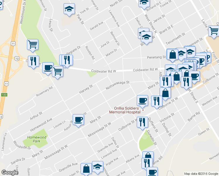 map of restaurants, bars, coffee shops, grocery stores, and more near in Orillia