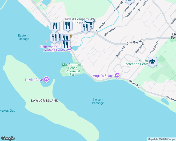 map of restaurants, bars, coffee shops, grocery stores, and more near 1638 Patricia Road in Eastern Passage