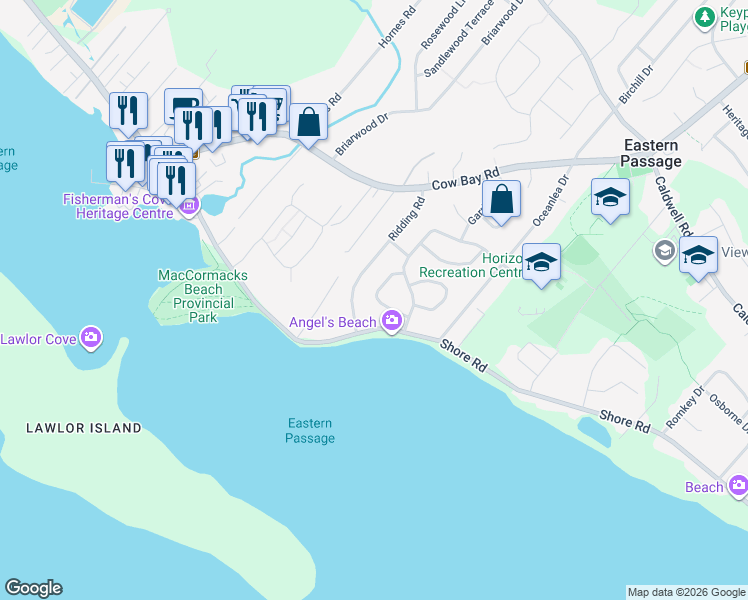 map of restaurants, bars, coffee shops, grocery stores, and more near 40 Wentworth Circle in Eastern Passage