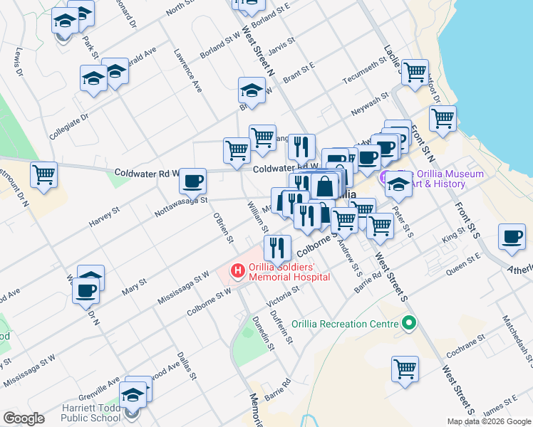 map of restaurants, bars, coffee shops, grocery stores, and more near 115 Mary Street in Orillia
