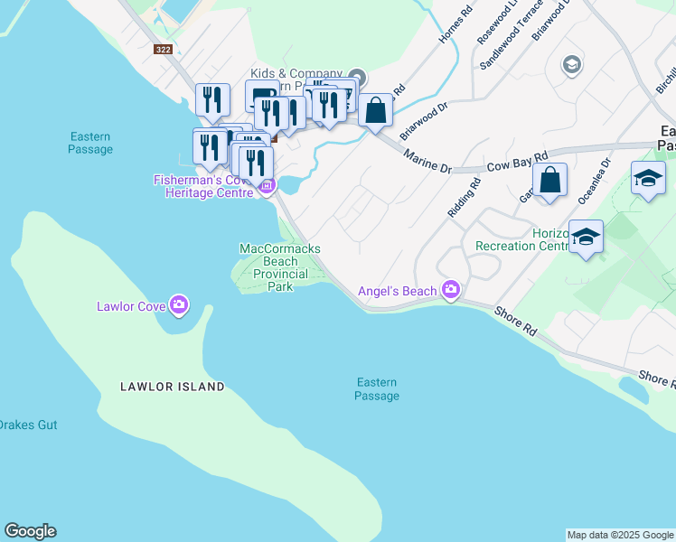 map of restaurants, bars, coffee shops, grocery stores, and more near 1638 Shore Road in Eastern Passage