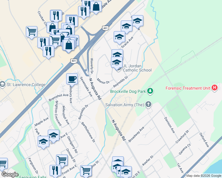map of restaurants, bars, coffee shops, grocery stores, and more near Reynolds Drive in Brockville
