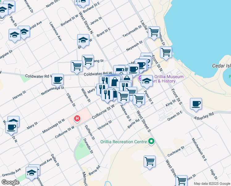 map of restaurants, bars, coffee shops, grocery stores, and more near in Orillia