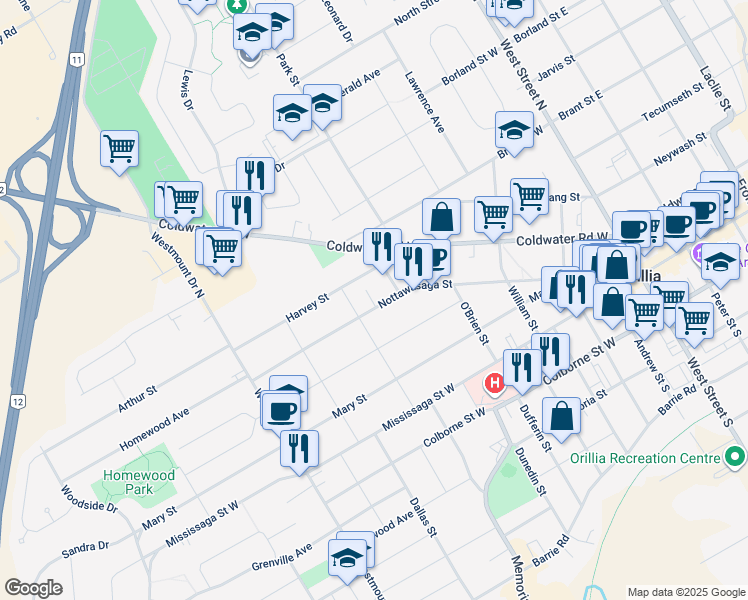 map of restaurants, bars, coffee shops, grocery stores, and more near 238 Nottawasaga Street in Orillia