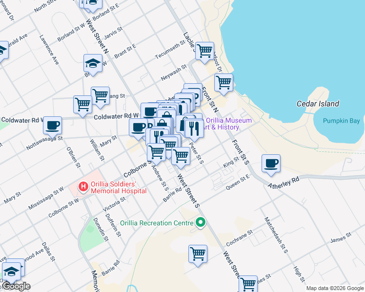 map of restaurants, bars, coffee shops, grocery stores, and more near 62 West Street South in Orillia