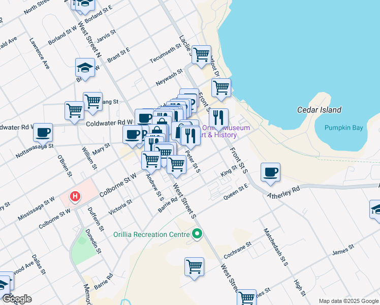map of restaurants, bars, coffee shops, grocery stores, and more near 78 Peter Street South in Orillia