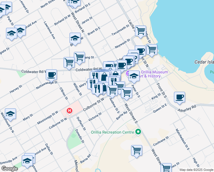 map of restaurants, bars, coffee shops, grocery stores, and more near in Orillia