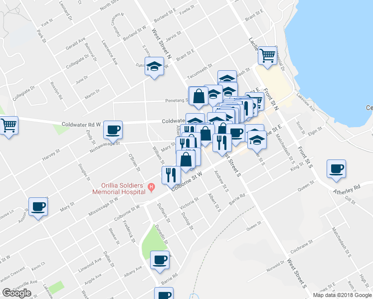 map of restaurants, bars, coffee shops, grocery stores, and more near 79 Mississaga Street West in Orillia