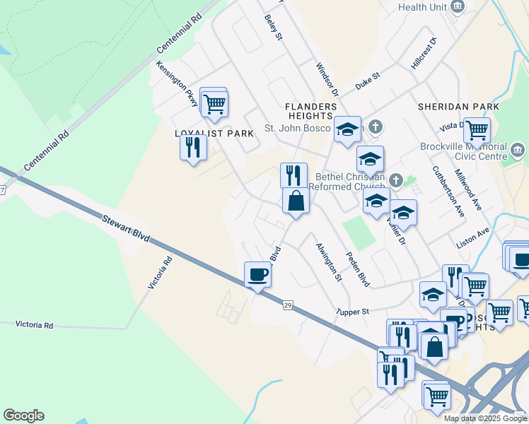 map of restaurants, bars, coffee shops, grocery stores, and more near 1350 Kensington Parkway in Brockville