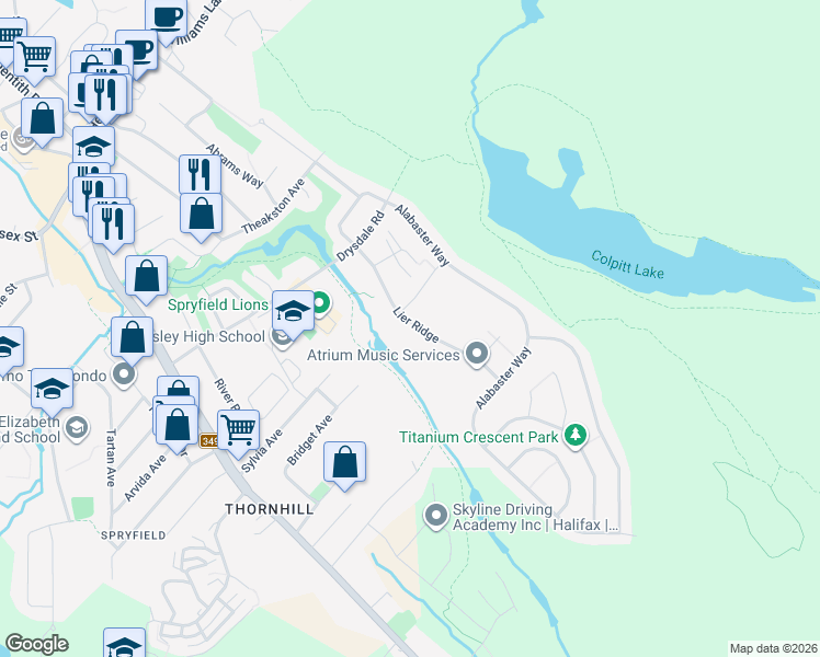 map of restaurants, bars, coffee shops, grocery stores, and more near 99 Lier Ridge in Halifax