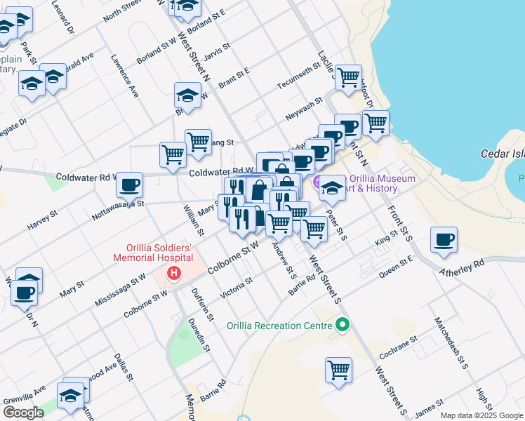 map of restaurants, bars, coffee shops, grocery stores, and more near in Orillia