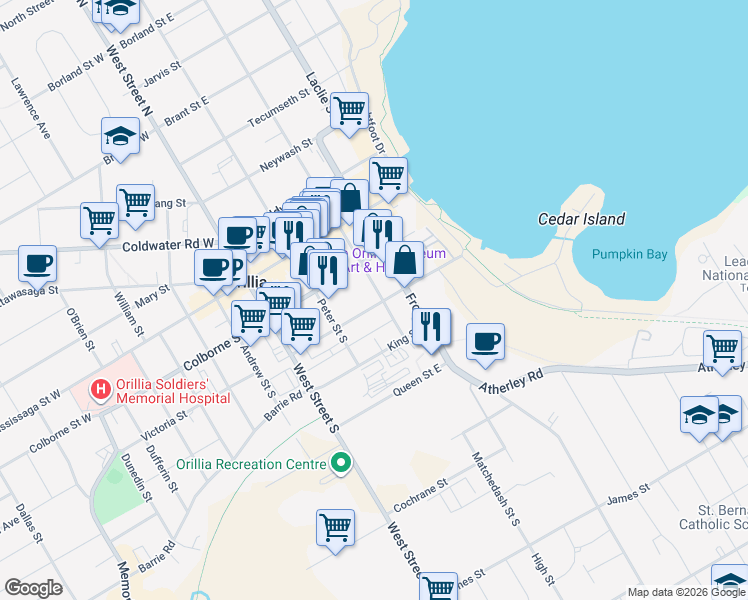 map of restaurants, bars, coffee shops, grocery stores, and more near 77 Matchedash Street South in Orillia