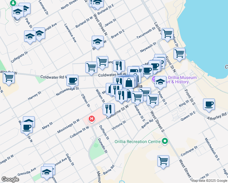 map of restaurants, bars, coffee shops, grocery stores, and more near 114 Mississaga Street West in Orillia