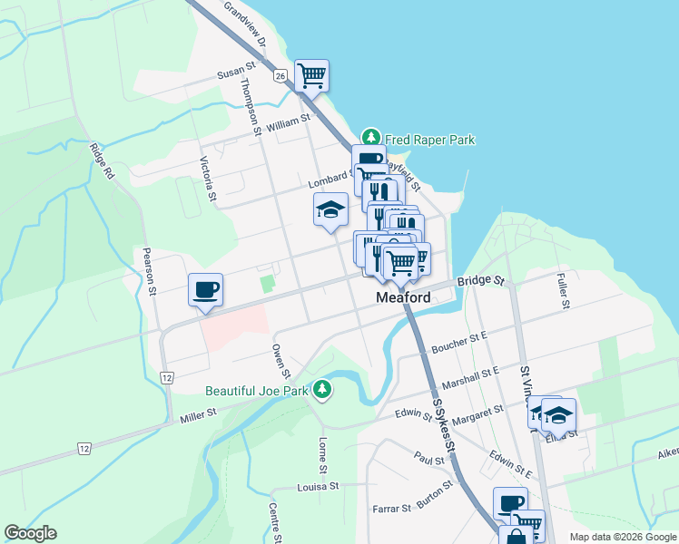 map of restaurants, bars, coffee shops, grocery stores, and more near 66 Nelson Street West in Meaford