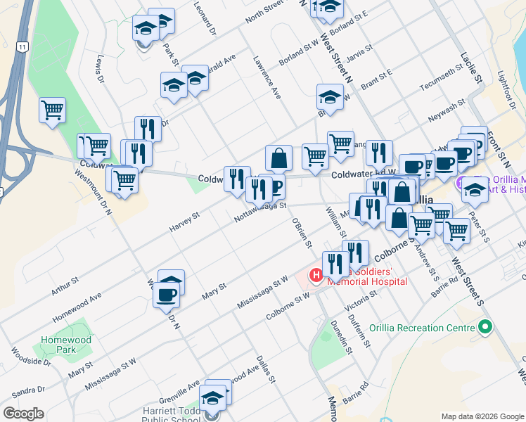map of restaurants, bars, coffee shops, grocery stores, and more near 199 Nottawasaga Street in Orillia
