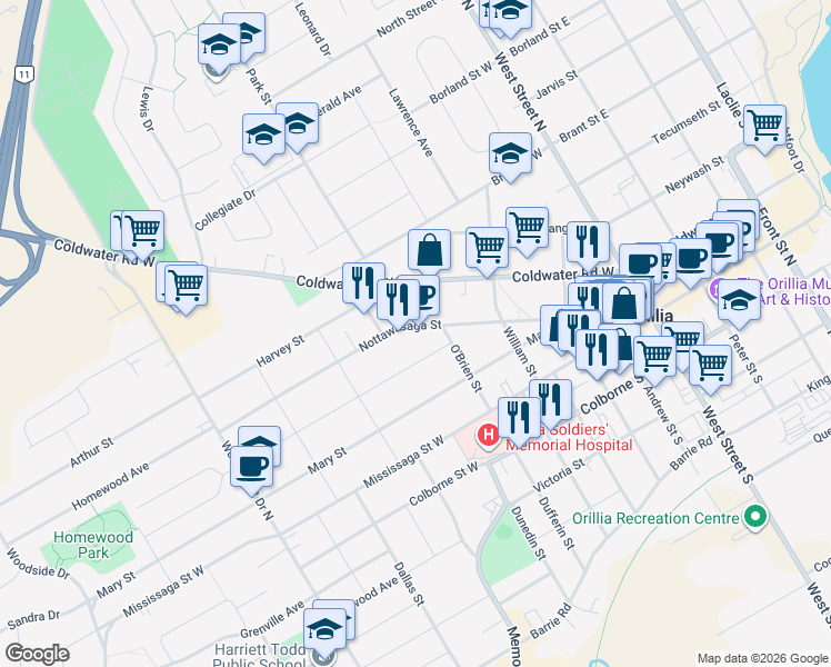 map of restaurants, bars, coffee shops, grocery stores, and more near 191 Nottawasaga Street in Orillia