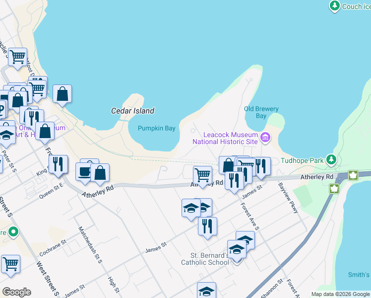 map of restaurants, bars, coffee shops, grocery stores, and more near 266 Cedarmere Road in Orillia