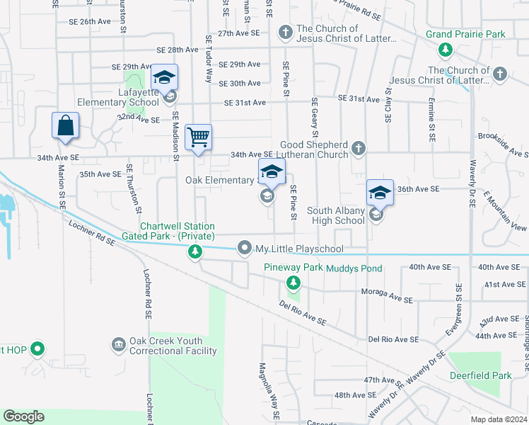 map of restaurants, bars, coffee shops, grocery stores, and more near 3610 Oak Street Southeast in Albany