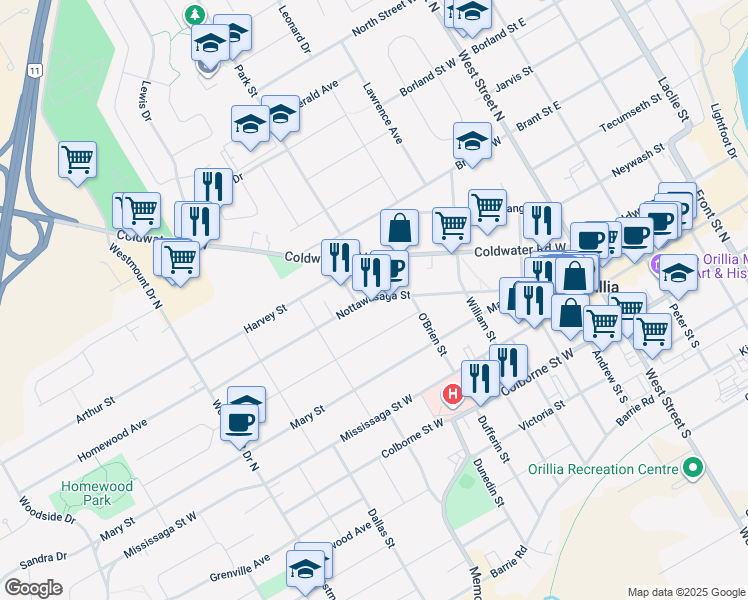 map of restaurants, bars, coffee shops, grocery stores, and more near 199 Nottawasaga Street in Orillia