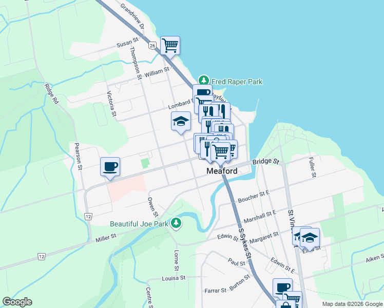 map of restaurants, bars, coffee shops, grocery stores, and more near 52 Nelson Street West in Meaford