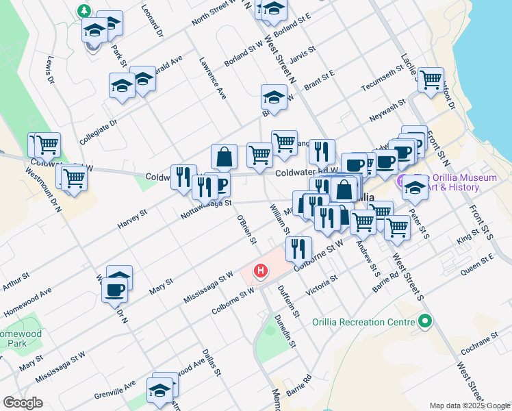 map of restaurants, bars, coffee shops, grocery stores, and more near 145 Nottawasaga Street in Orillia
