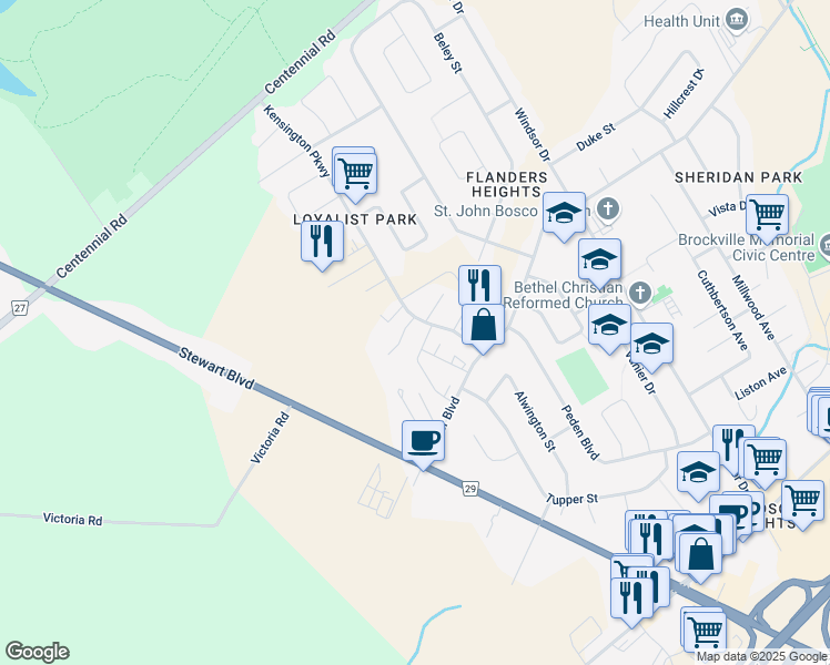 map of restaurants, bars, coffee shops, grocery stores, and more near 1390 Kensington Parkway in Brockville