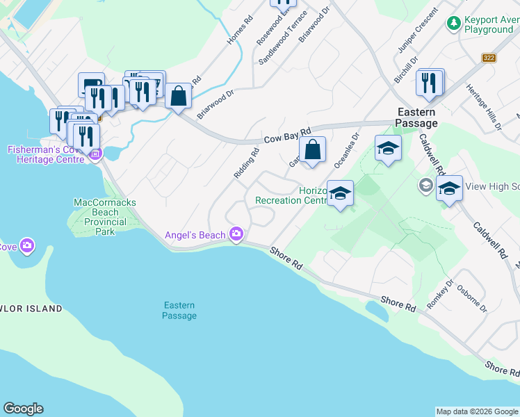 map of restaurants, bars, coffee shops, grocery stores, and more near 74 Cannon Crescent in Eastern Passage