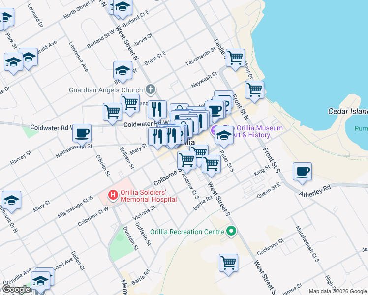 map of restaurants, bars, coffee shops, grocery stores, and more near 1 Mississaga Street West in Orillia