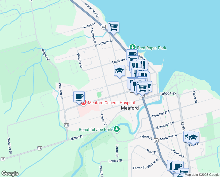 map of restaurants, bars, coffee shops, grocery stores, and more near 104 Collingwood Street in Meaford