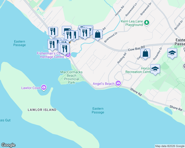 map of restaurants, bars, coffee shops, grocery stores, and more near 27 Blustery Lane in Eastern Passage