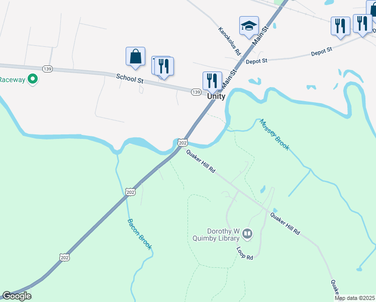 map of restaurants, bars, coffee shops, grocery stores, and more near 33 Quaker Hill Road in Unity