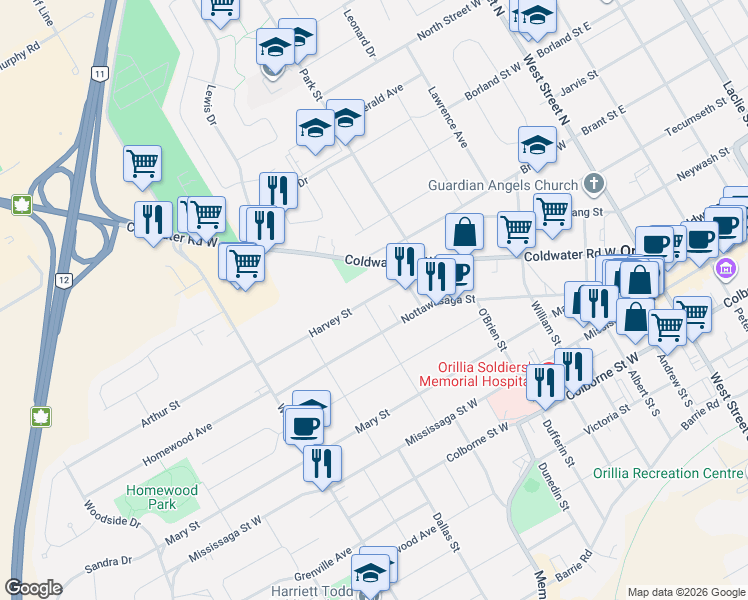 map of restaurants, bars, coffee shops, grocery stores, and more near 246 Harvey Street in Orillia