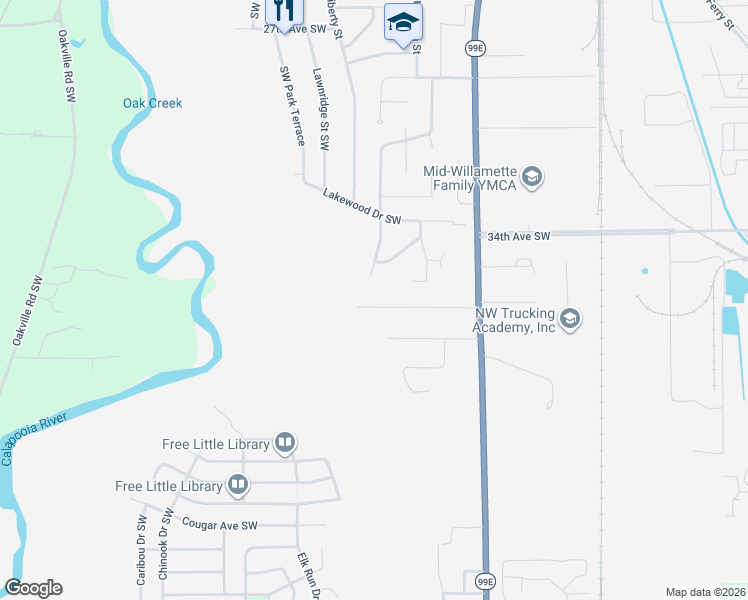 map of restaurants, bars, coffee shops, grocery stores, and more near 3600 Takena Street Southwest in Albany