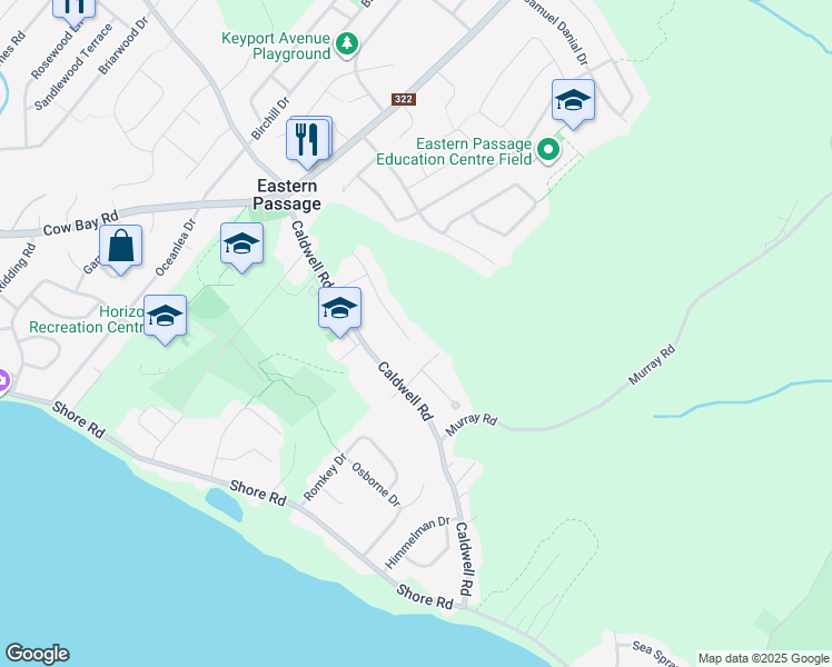 map of restaurants, bars, coffee shops, grocery stores, and more near 62 Thorncrest Court in Eastern Passage