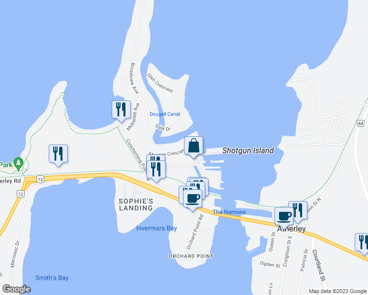 map of restaurants, bars, coffee shops, grocery stores, and more near 456 Mooney Crescent in Orillia
