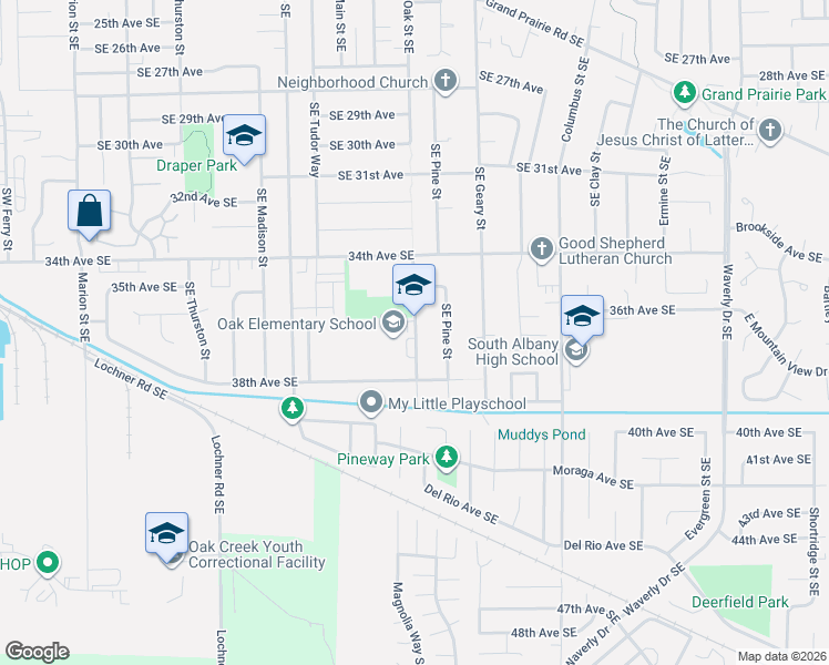 map of restaurants, bars, coffee shops, grocery stores, and more near 3621 Oak Street Southeast in Albany