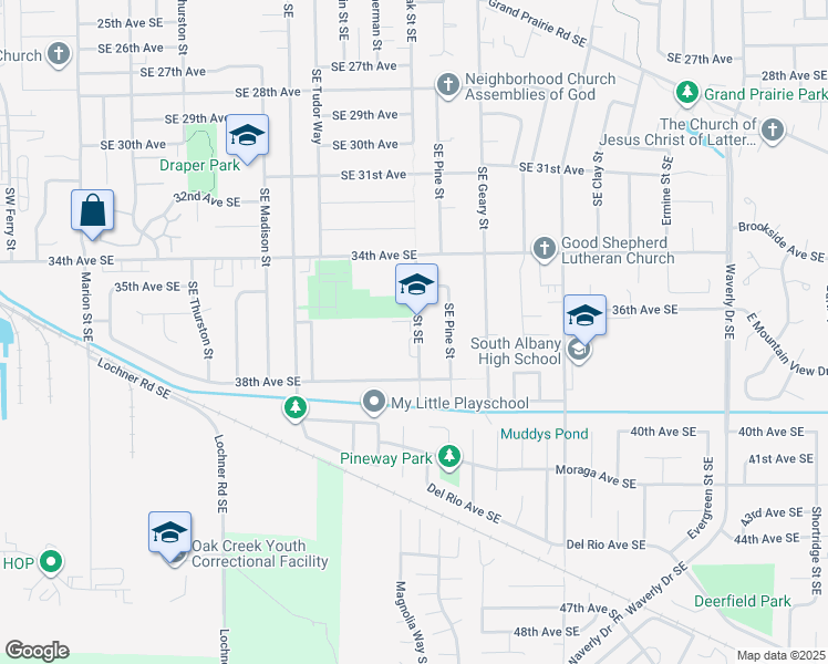 map of restaurants, bars, coffee shops, grocery stores, and more near 3621 Oak Street Southeast in Albany